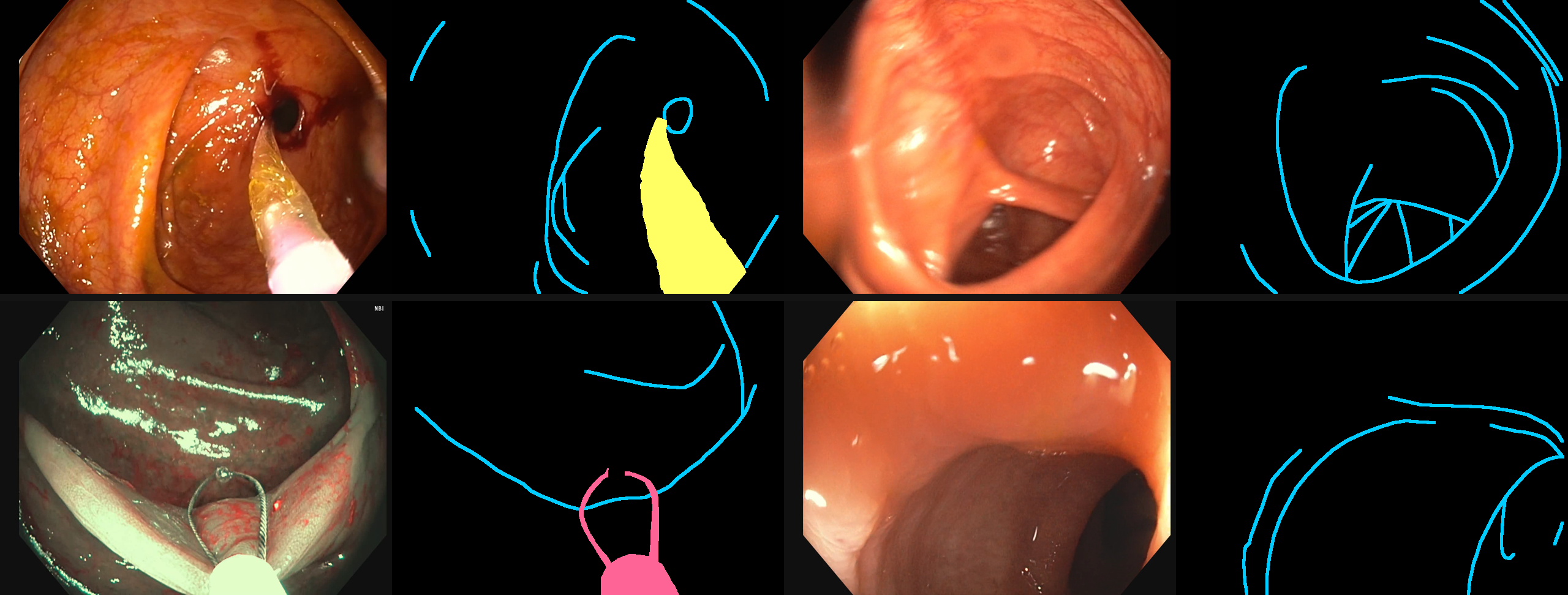 Two vertically stacked SegCol examples with RGB images and semantic annotations